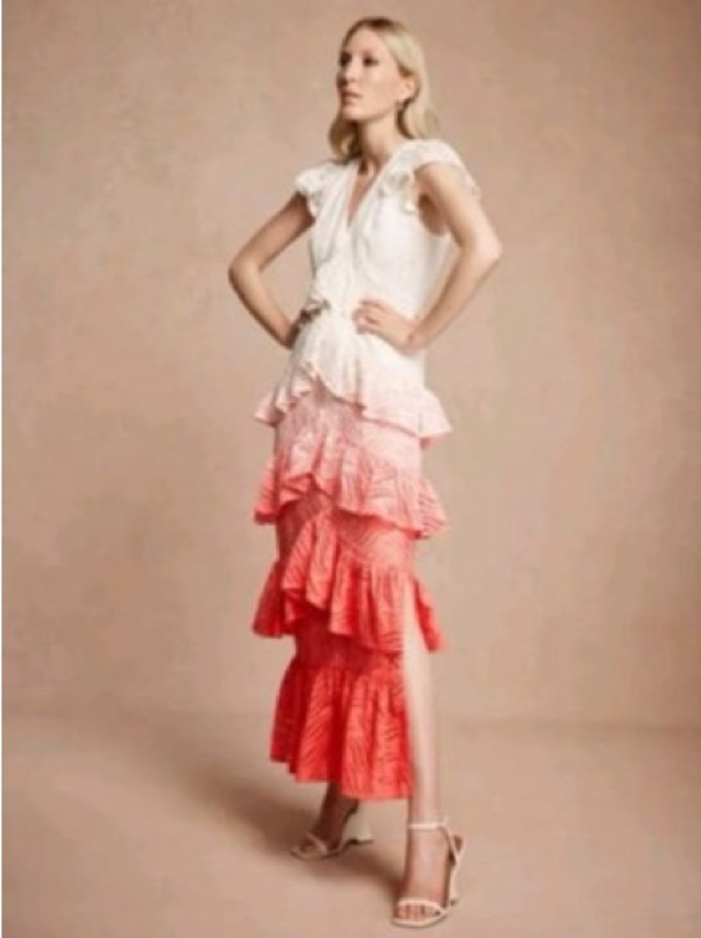 Tiered Ruffle Maxi Dress in White and Coral